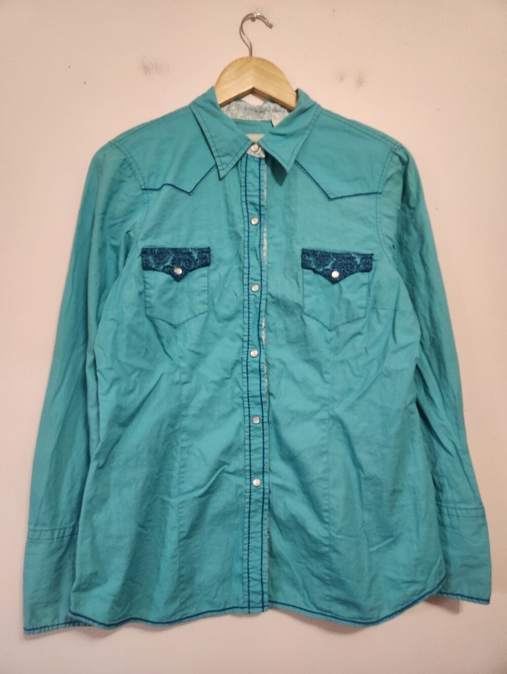 Roper Turquoise Western Pearl Snap Shirt Navy Paisley Contrast Stitching L
